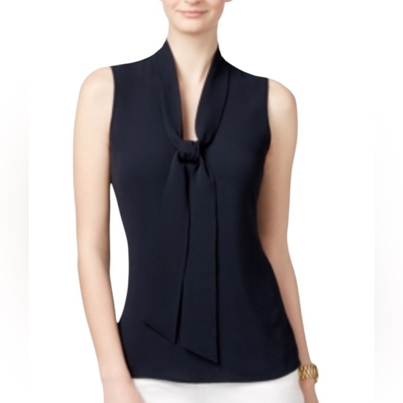 NWT Michael Michael Kors Womens Navy Chiffon Tie-neck Blouse Top Size 4 - Picture 1 of 12